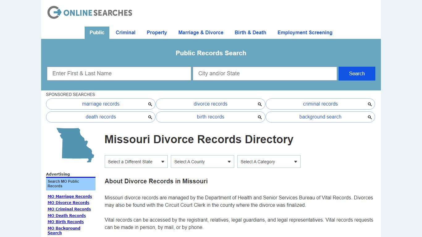 Missouri Divorce Records Search Directory - OnlineSearches.com
